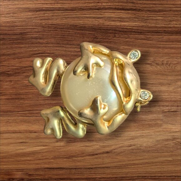 Gold-Tone Frog Pin Brooch With Faux Pearl Accent & Rhinestone Eyes Unique Design - Picture 1 of 5